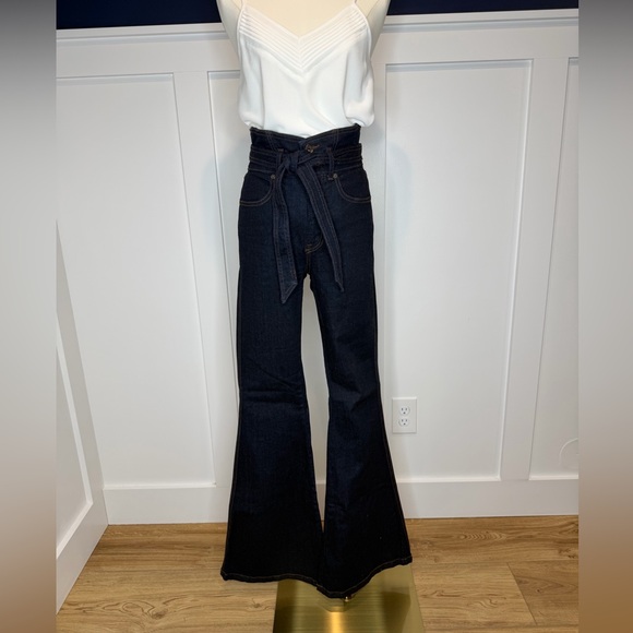 Veronica Beard Sheridan Belted Notched Waist Bell Bottom Jeans - Picture 2 of 10